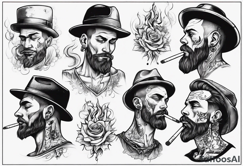 A man without tattoos without a hat with earrings in his ears stands smoking a cigarette tattoo idea