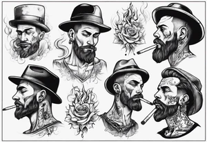 A man without tattoos without a hat with earrings in his ears stands smoking a cigarette tattoo idea