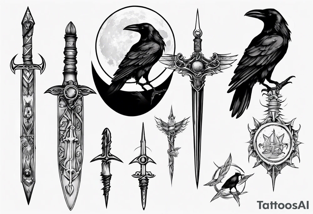 Raven , dagger , moon tattoo idea