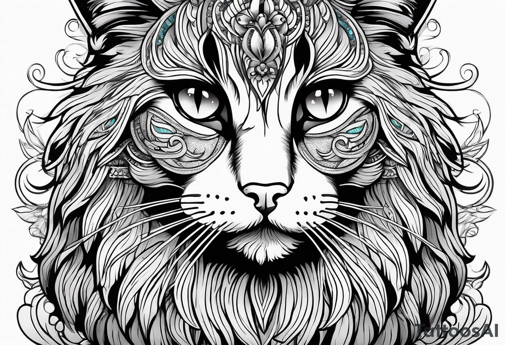 Long hair cat, regal, face black and white tattoo idea