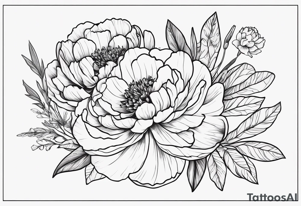 tattoo design with 8 flowers: peony, carnation, daffodil, daphne, dahlia, desiree, daisy and rose and label the flower name tattoo idea