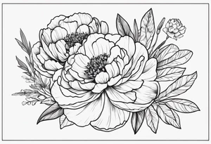 tattoo design with 8 flowers: peony, carnation, daffodil, daphne, dahlia, desiree, daisy and rose and label the flower name tattoo idea