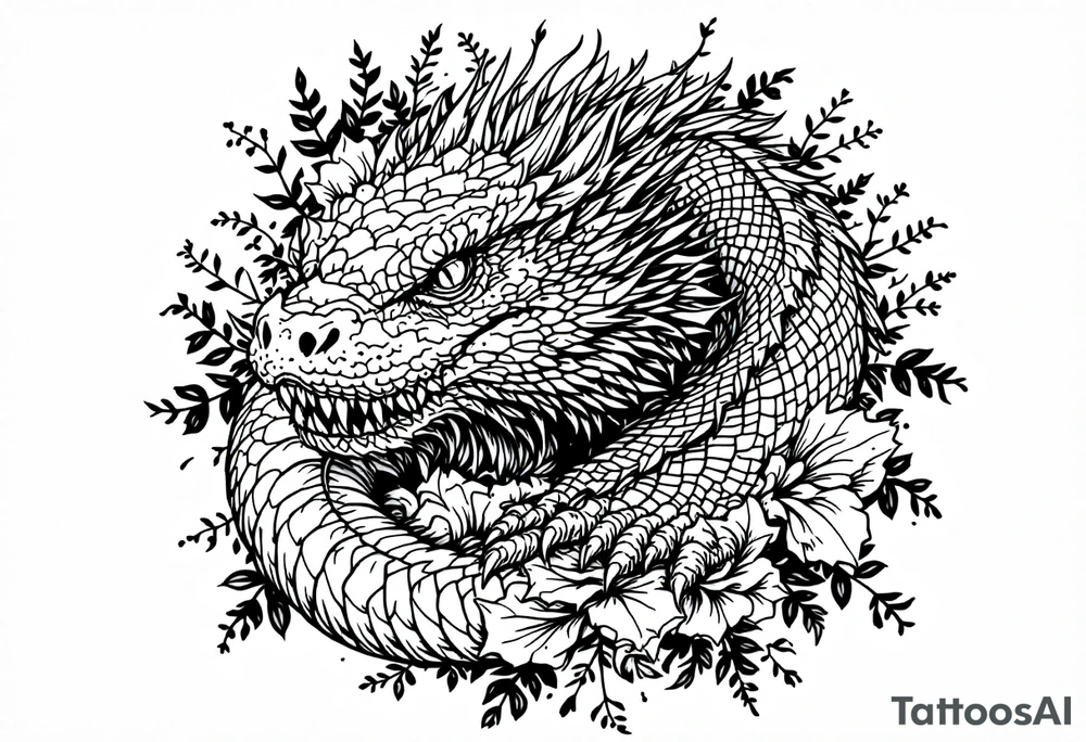 powerful majestic reptile, surrounded by floral ornaments tattoo idea