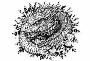 powerful majestic reptile, surrounded by floral ornaments tattoo idea