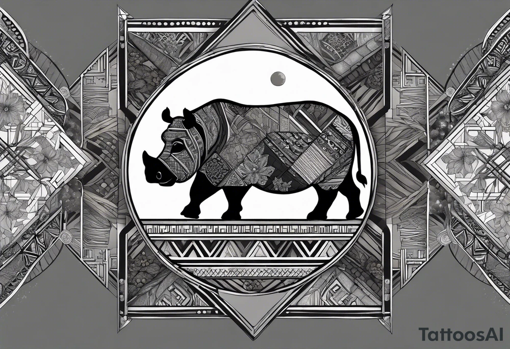 Very asymmetrical, +geometric pattern, with realistic full moon, with hippo,+tribal, +geometric, +inkart , +blackwork, +grey scale, + sketch
with wintersweet flower bud, +for men, detailed layering , modify from my favourites , dont look like a cow tattoo idea