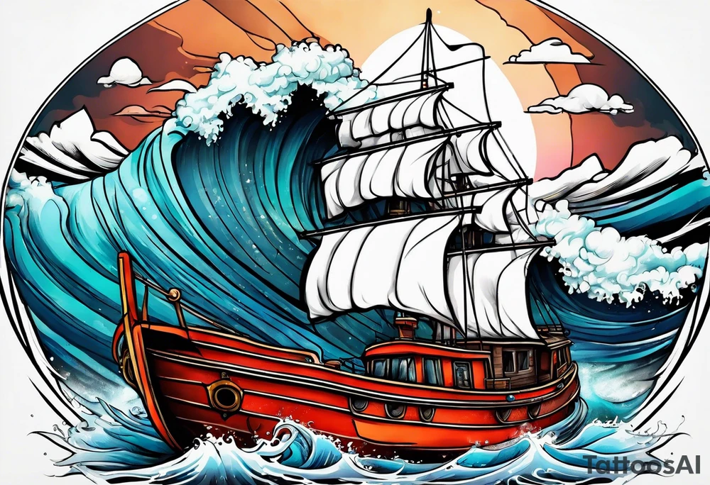 Boat in ocean of lava tattoo idea