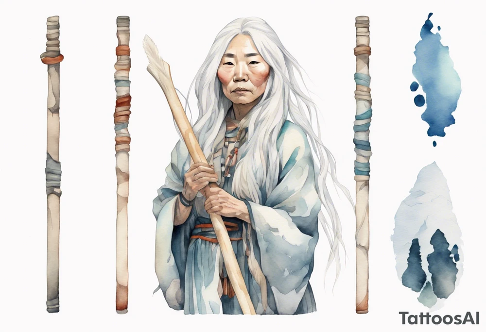 a solitary Inuit woman with long white hair holding onto a white wooden staff tattoo idea