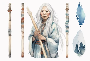 a solitary Inuit woman with long white hair holding onto a white wooden staff tattoo idea