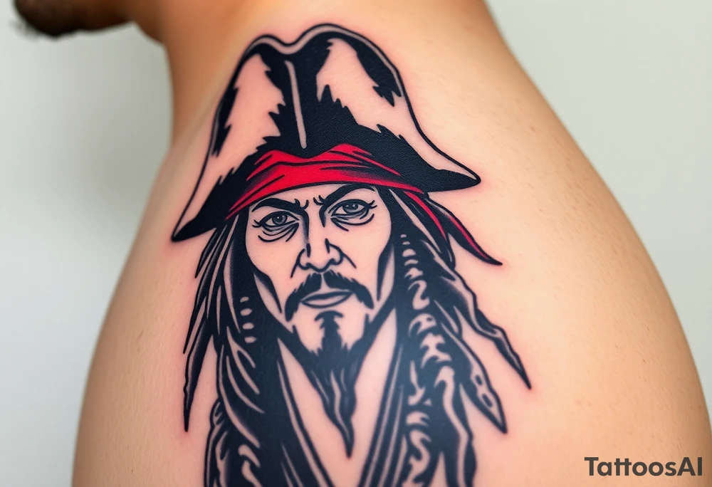 A stylized Jack Sparrow with exaggerated pirate hat and wild dreadlocks, done in bold black ink with deep red highlights for the bandana tattoo idea