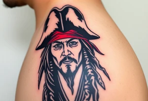 A stylized Jack Sparrow with exaggerated pirate hat and wild dreadlocks, done in bold black ink with deep red highlights for the bandana tattoo idea