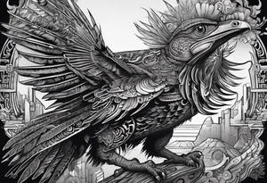 cyberpunk Mayan Quetzal bird/dinosaur that is narrow and has neurons coming from the bottom. tattoo idea