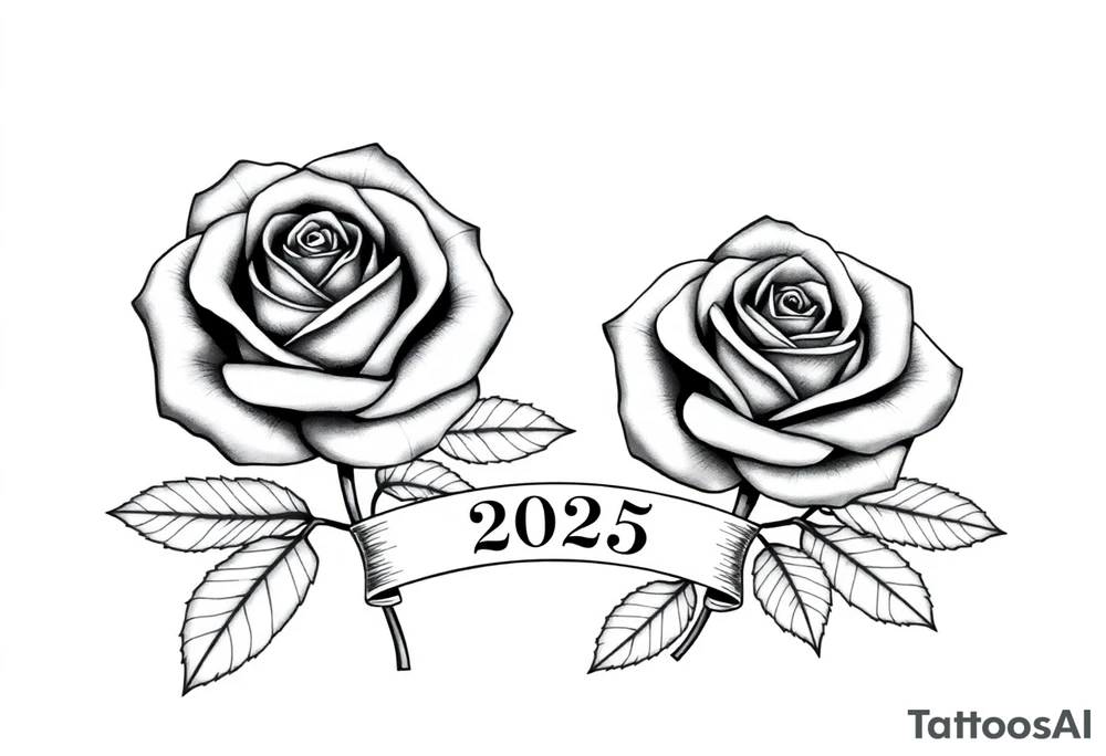 two beautiful large rose buds, one larger than the other, with lots and lots of leaves next to the rose buds, with one sitting slightly higher than the other, side-by-side.  Include a banner connecting the two roses with the year 2025 on it.   Use dark outlines with little shading. No stems tattoo idea