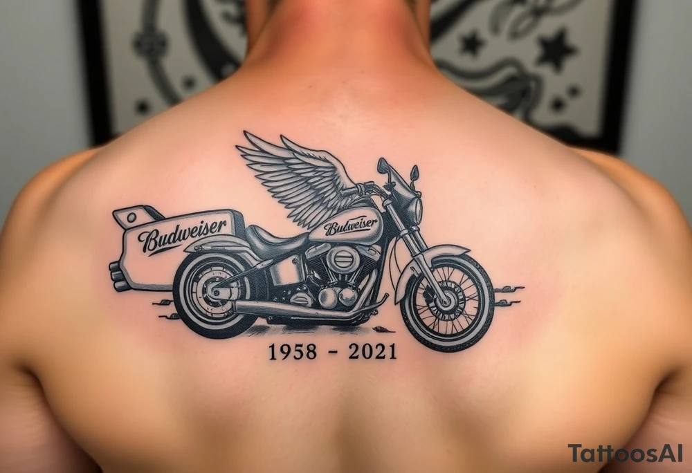 Dale Earnhardt car on it with the year 1958 - 2021 intertwined with a motorcycle with a Budweiser logo on it with a guardian angel wolf tattoo idea