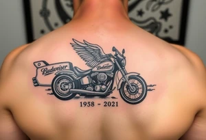 Dale Earnhardt car on it with the year 1958 - 2021 intertwined with a motorcycle with a Budweiser logo on it with a guardian angel wolf tattoo idea
