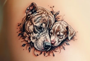 Pitbull mom and pup cuddling, warm brown tones with soft blending, delicate linework around eyes and noses for emotion. tattoo idea