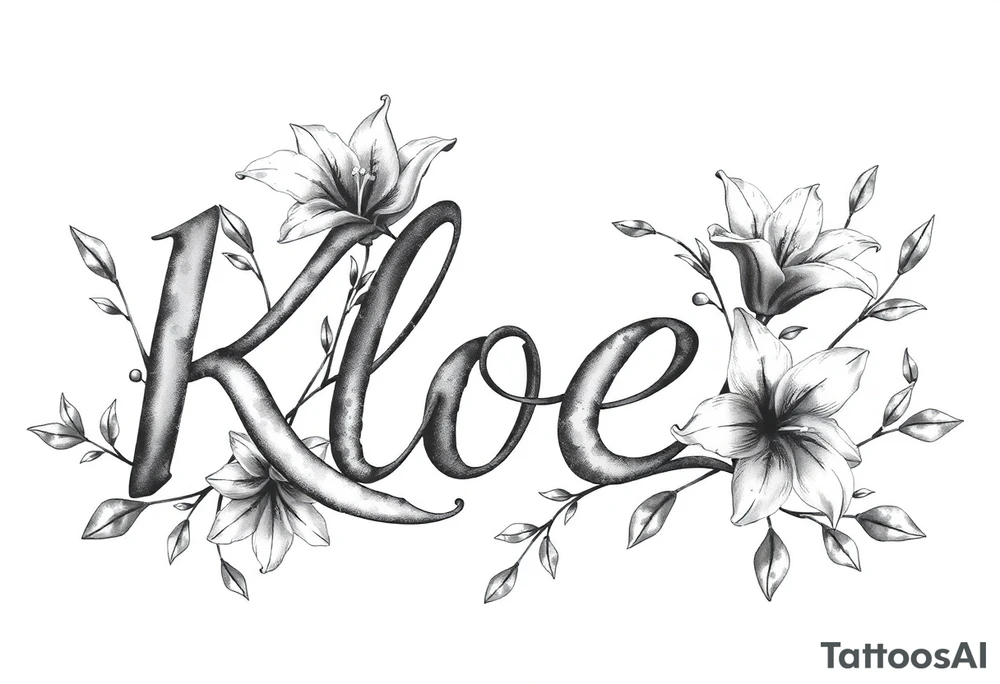 The word Kloee surrounded by big
lilies with the vines in letters tattoo idea