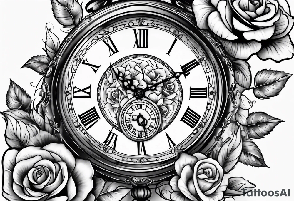 Pocket clock with blue roses tattoo idea