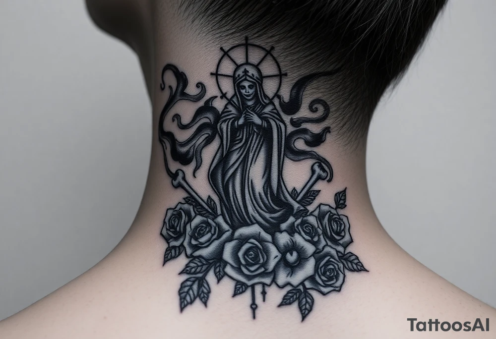 Santa muerte rising out of smoke surrounded by broken bones and roses tattoo idea