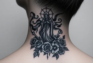 Santa muerte rising out of smoke surrounded by broken bones and roses tattoo idea