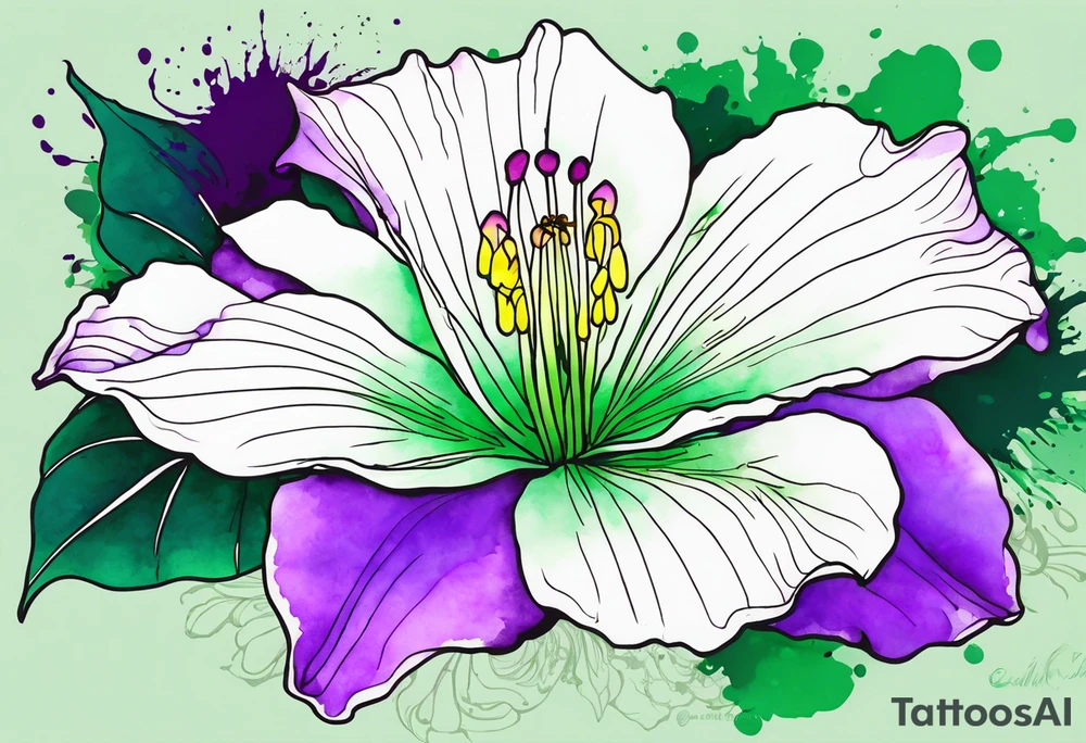 An outline of a green rio dipladenia flower and a purple watercolor splash in the background tattoo idea