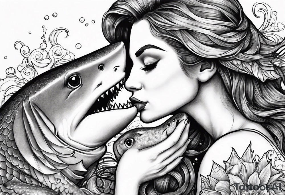 Mermaid kissing a shark tattoo idea