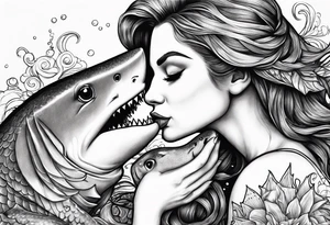 Mermaid kissing a shark tattoo idea