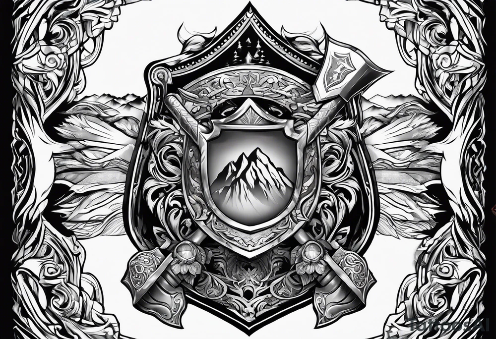 A flaming shield adorned with a mountain and a war hammer tattoo idea