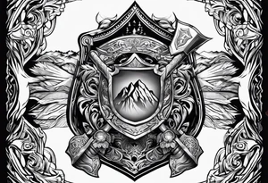 A flaming shield adorned with a mountain and a war hammer tattoo idea
