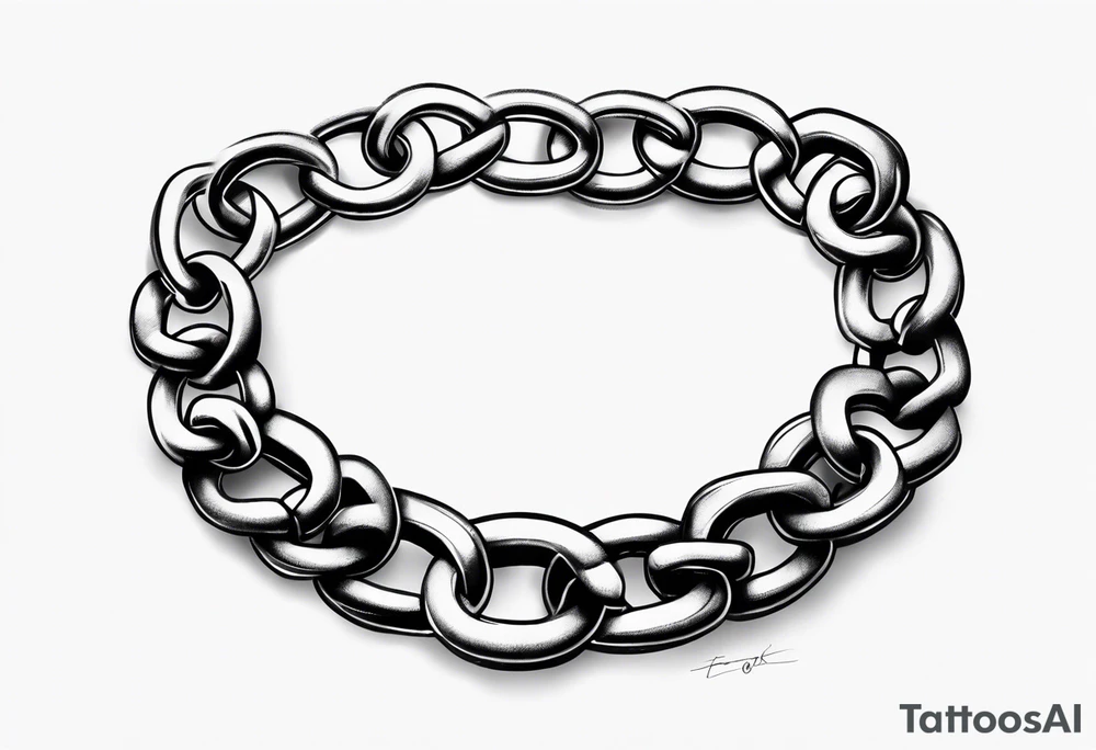 Create a tattoo sketch in a realistic style, depicting a straight chain lying horizontally on a white background. The chain links should be identical in size, evenly spaced, and perfectly aligned from a top-down view. Focus on capturing the metallic texture, reflections, shadows, and signs of wear on each link for a lifelike effect. tattoo idea