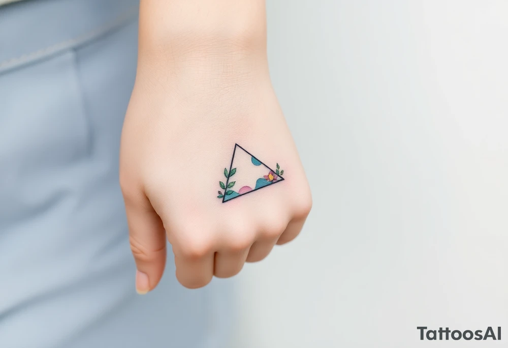 Design a very small (max 2x2 cm) tattoo for the inner wrist that subtly symbolizes lesbian identity. It should be minimal and delicate — possibly fine line or soft color. The design must be discreet yet meaningful, not instantly recognizable as LGBTQ but with layered symbolism. Think of subtle elements like intertwined female symbols, abstract sapphic references, or a hidden double meaning through nature (e.g. flowers, moons, triangles). Avoid clichés or bold pride imagery. Keep it elegant, wearable, and intimate. Something with a triangle tattoo idea