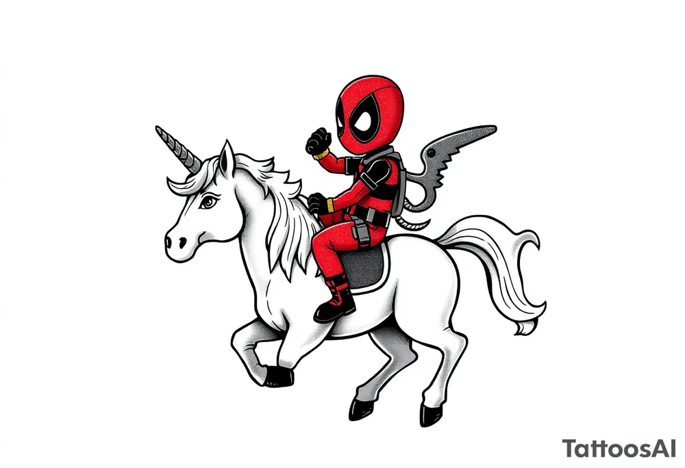 Silly glittery Deadpool riding unicorn tattoo idea
