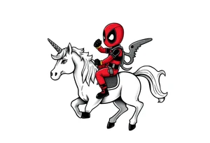 Silly glittery Deadpool riding unicorn tattoo idea