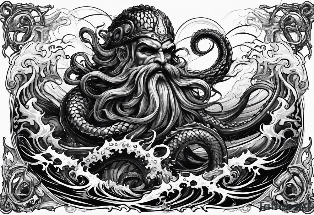 Kraken tentacles grabbing Poseidon thrusting trident into monster deep ocean stormy tattoo idea
