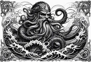 Kraken tentacles grabbing Poseidon thrusting trident into monster deep ocean stormy tattoo idea