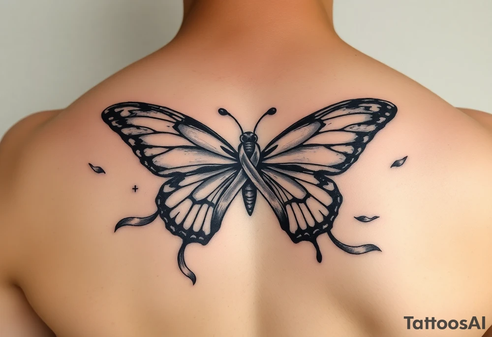 ethereal butterfly with flowing silk HIV-positive symbol ribbons in moonlight tattoo idea