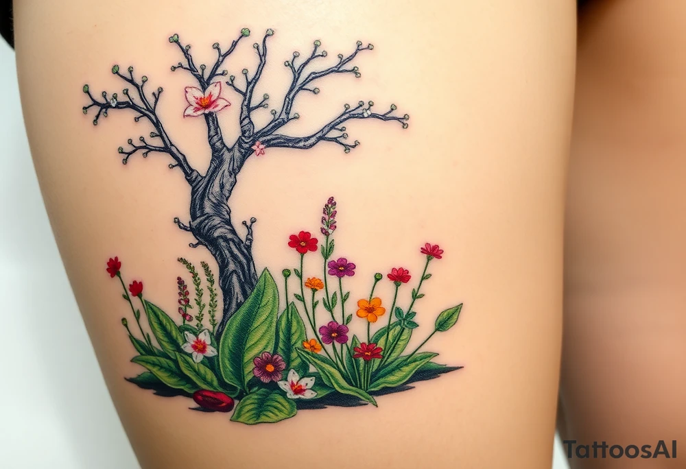 Lilly of the vally plants underneath a blooming hawthorn tree with other colorful plants on ground tattoo idea