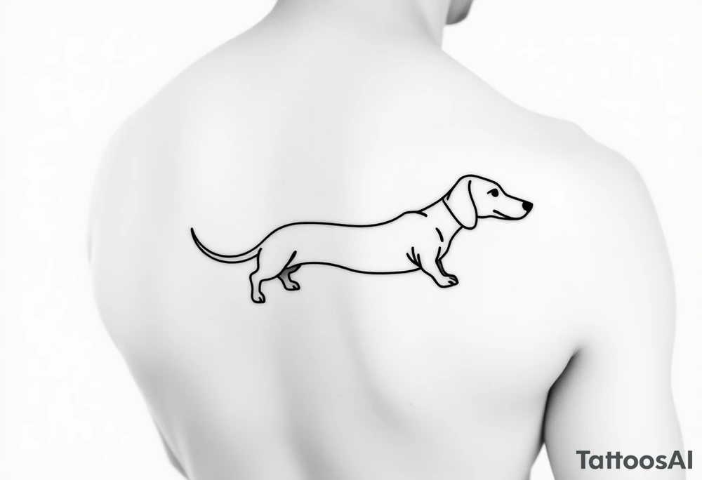 A minimalist black and white tattoo design featuring a dachshund (sausage dog). The dog’s long body forms a continuous, single bold line that wraps around the arm in a spiral, starting with the tail and ending with the head and face. The design should look elegant, clean, and playful, emphasizing the dachshund’s elongated shape and flowing movement around the arm. tattoo idea