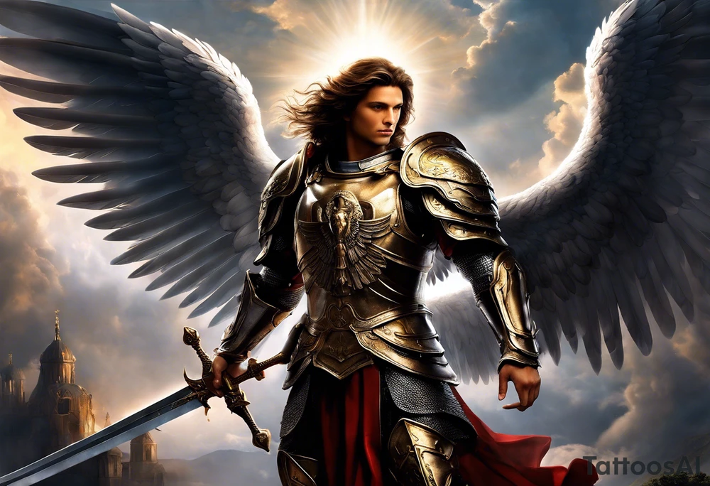 **Tattoo Design: Archangel Michael**

- **Central Theme**: Archangel Michael, majestic and powerful, stands ready with a raised sword, prepared to battle evil.
- **Appearance**: The figure of Archangel Michael depicted in full angelic armor, with majestic wings spread wide.
- **Expression**: His stance conveys strength, courage, and determination in defense of good.
- **Details**: Focus on intricate details such as facial features, armor embellishments, and the raised sword.
- **Background**: May be stylized as celestial, with rays of light or clouds, accentuating the divine presence of Archangel Michael.
- **Placement**: Intended for placement on the chosen body area, with the option to adjust the size according to personal preferences. tattoo idea