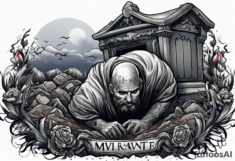 Man crawling out of grave. 
MIW Reincarnate written on gravestone tattoo idea