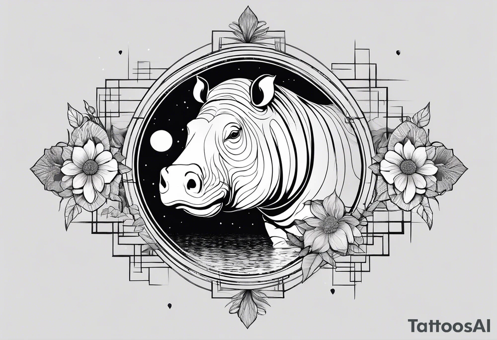 Very asymmetrical, +geometric pattern, with realistic full moon, with seeious looking hippo, with zen feel,
with wintersweet flower bud, +portrait orientation, +inkart touch, tattoo idea