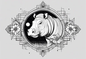 Very asymmetrical, +geometric pattern, with realistic full moon, with seeious looking hippo, with zen feel,
with wintersweet flower bud, +portrait orientation, +inkart touch, tattoo idea
