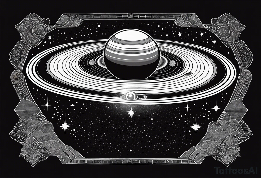 Saturn on a dense large black background with its satellites and stars tattoo idea