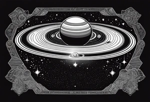 Saturn on a dense large black background with its satellites and stars tattoo idea