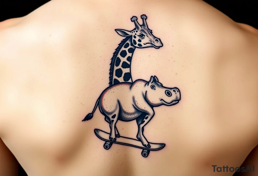 Majestic giraffe riding a skateboard and eating a hippo sandwich tattoo idea