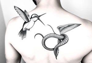 Humming bird looking down at snake. snake tail wrapped around humming bird. snake hissing at humming bird tattoo idea