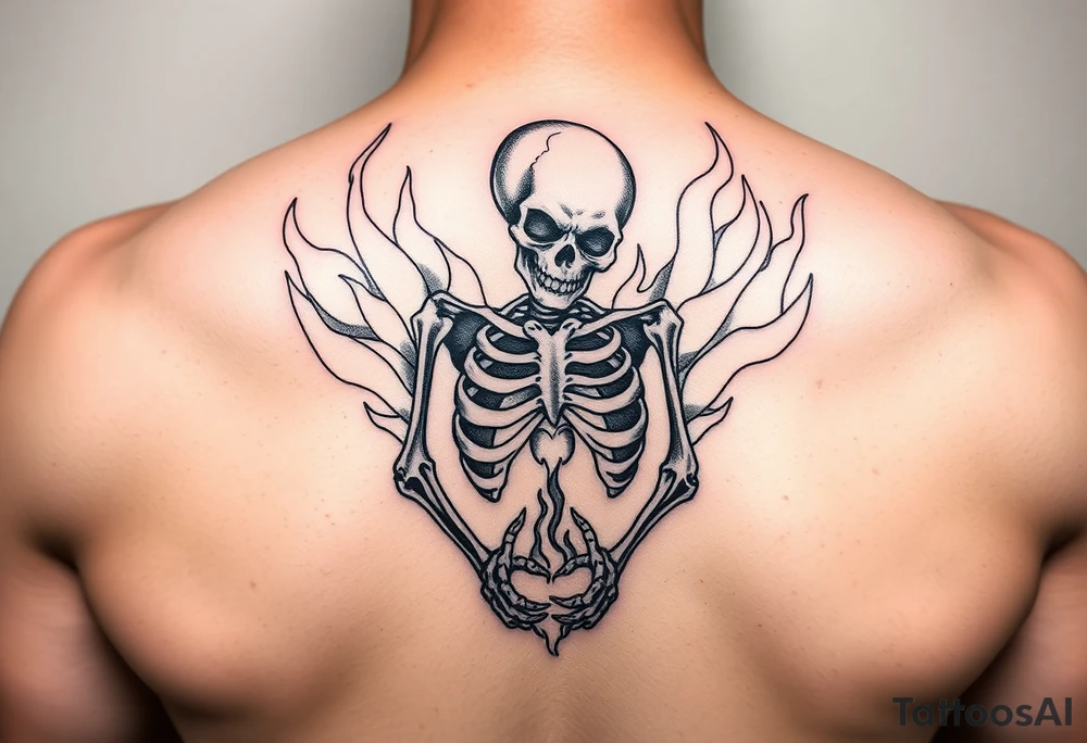 Skeleton in agony, heart broken, surrounded by flames tattoo idea
