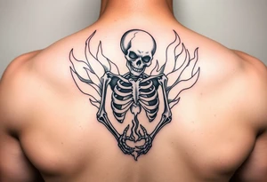 Skeleton in agony, heart broken, surrounded by flames tattoo idea
