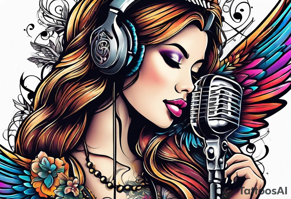 Microphone and musical notes and guitar and wings and female tattoo idea