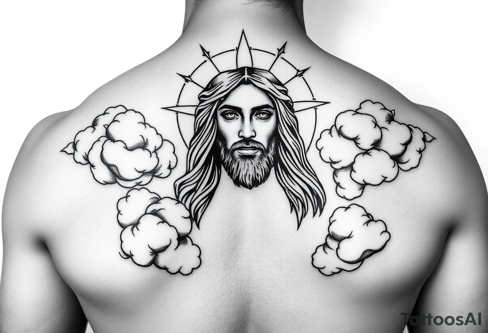 magestic jesus christ with clouds black and white tattoo idea