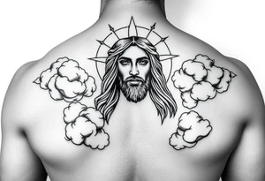 magestic jesus christ with clouds black and white tattoo idea